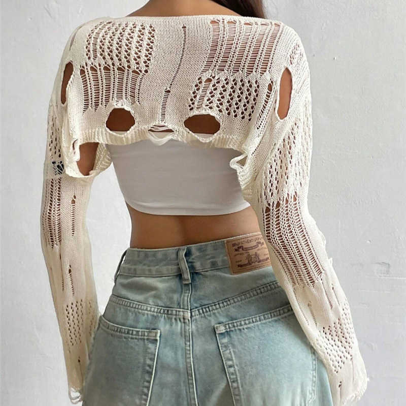 Spring/Summer New Arrivals Crochet Lace-Up, Openwork, Distressed-Effect Knit Oversized Short-Sleeve Sweater