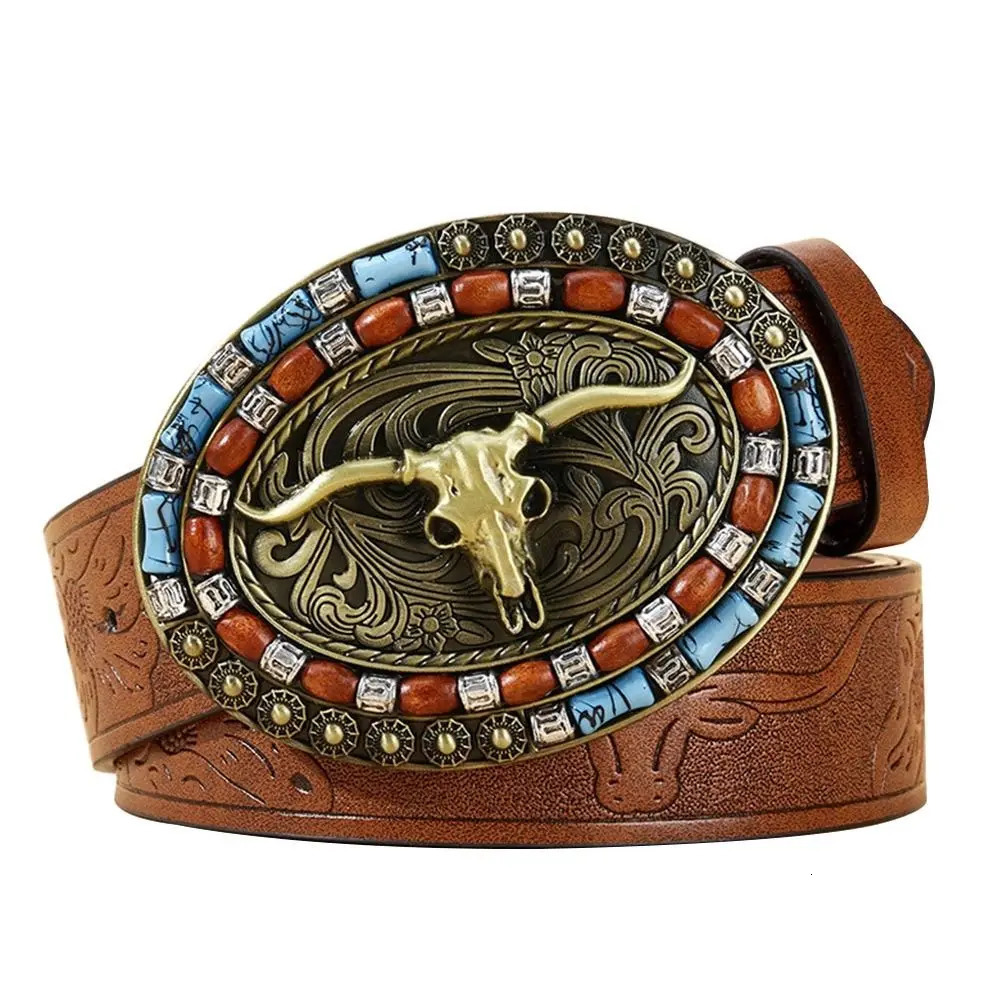 Fashion PU Leather Western Cowboy Belts Vintage Waistband Belts Floral Engraved Buckle Leather Belt Pants 260124