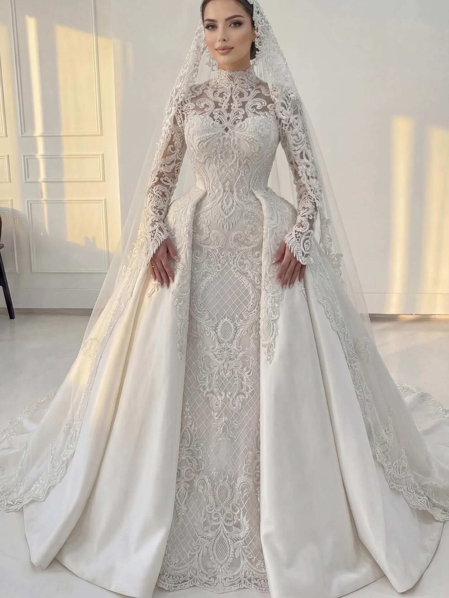 Classic A Line Women Wedding Dress High Collar Long Sleeves Bridal Gowns Lace Detachable Train Dress Custom Made