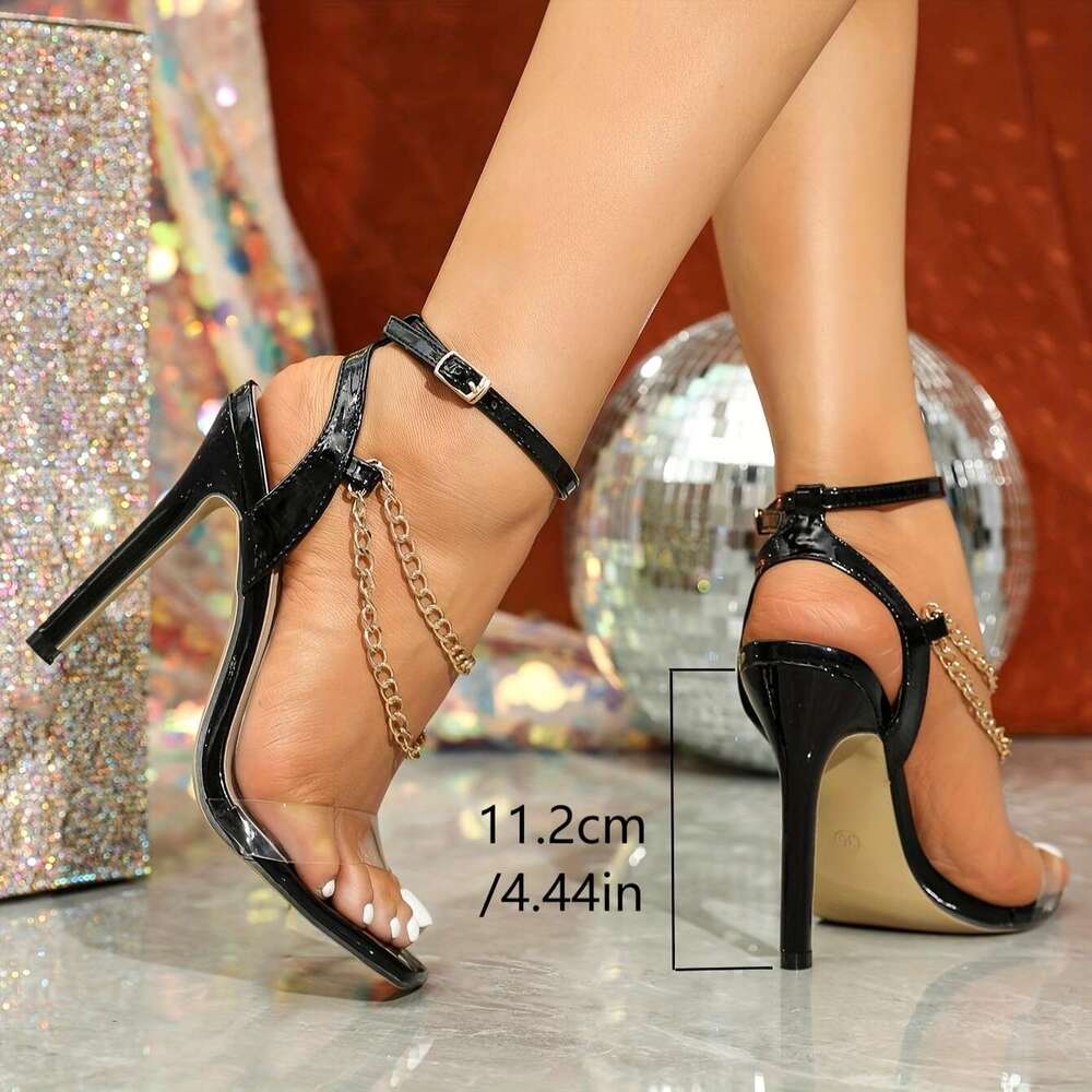 Women S Square Toe Transparent Glass Single Strap Metal Chain Ankle Strap Stiletto Sandals Sexy Fashion Party Elegant Black High Heels Women Shoes MOJ