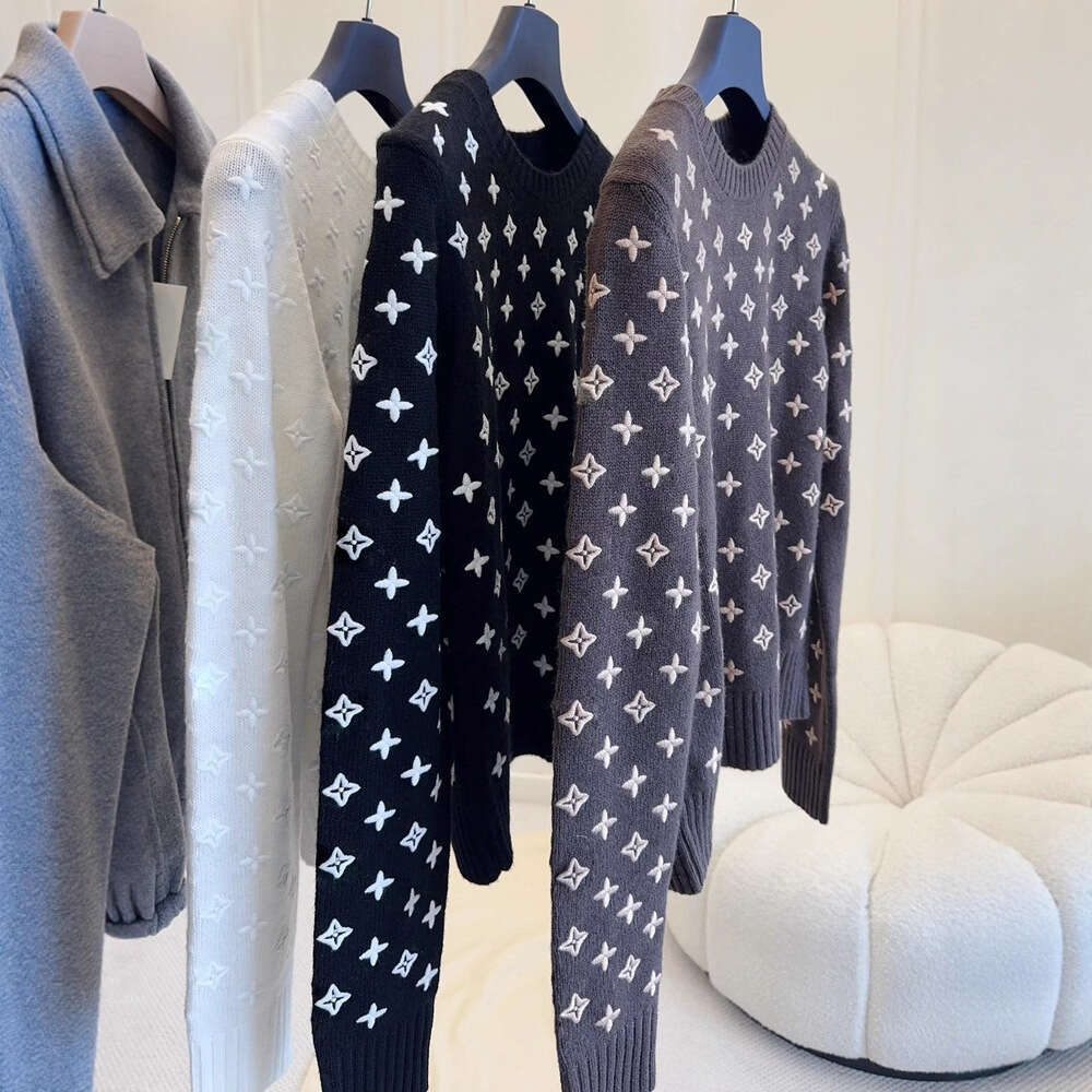 Women's Fashion White tops Jacquard Wool Sweater Letter combination pullover sweater, black knit sweater