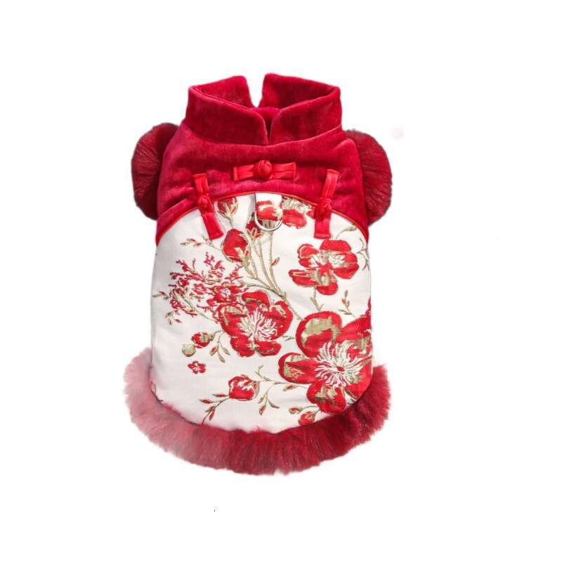 New Chinese Style Floral Prosperity Pet Fleece Dog Cat Autumn Winter Clothes Accessories Bichon Foreign Trade Wholesale