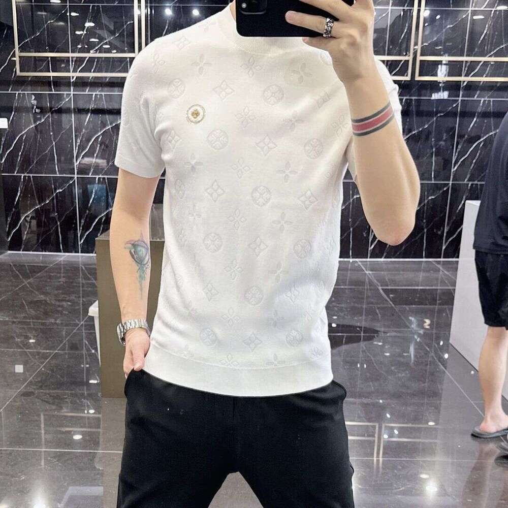 High-End Short-Sleeve Sweater 2023 Autumn And Winter New Men's Jacquard Knit Half-Sleeve Wool Shirt With Round Neck