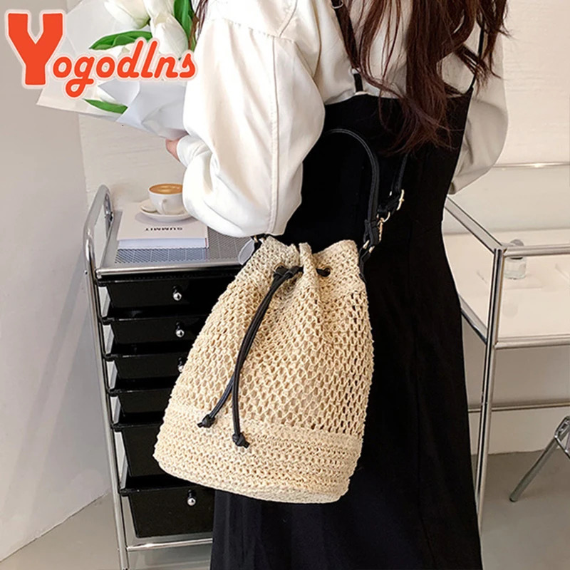 Summer Braided Straw Bucket Bag For Women Simple Drawstring Shoulder Crossbody Bag Travel Beach Bag Casual Wove Handbag 260205