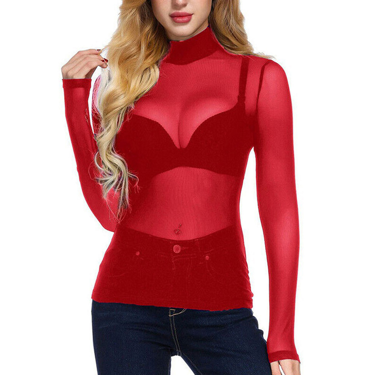 Versatile Womens Base Layer Sexy Ultra-Thin Mesh High Elasticity Tight-Fitting Long-Sleeve Semi-High Collar Base Shirt 240618