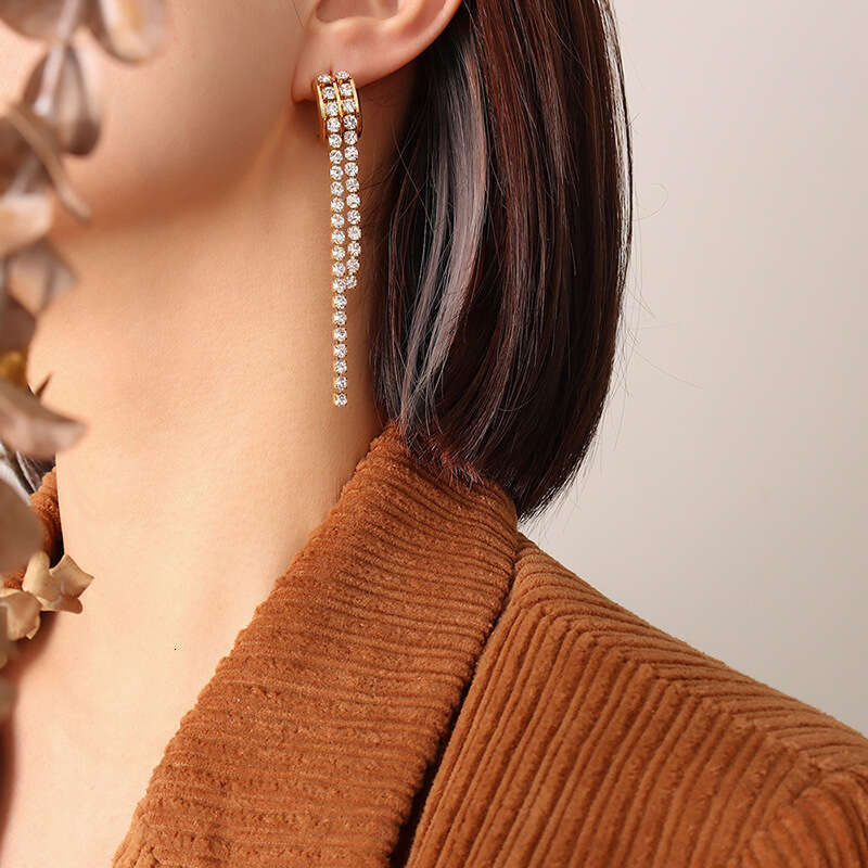 French-style Long Tassel Earrings Full Diamond Inlay, Sparkling Earrings, Elegant Titanium Steel Plated With 18k Gold Jewelry Gift