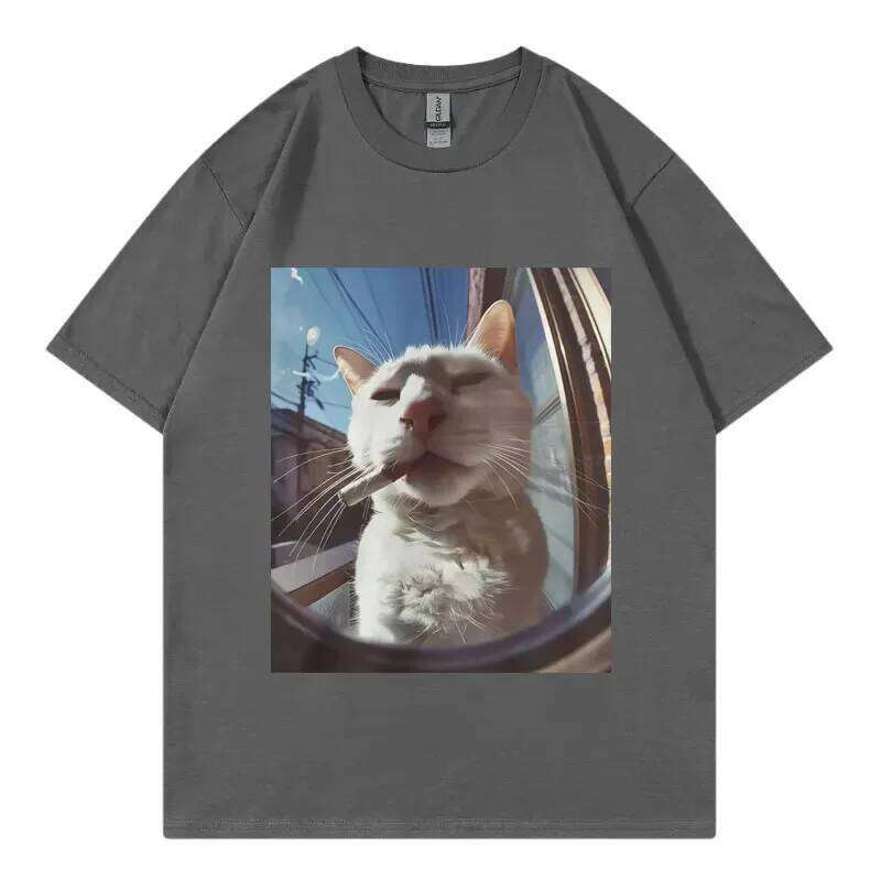 Funny smoking cat face graphic for women featuring Hayaiku style Y2K casual short-sleeve T-shirt streetwear X260209