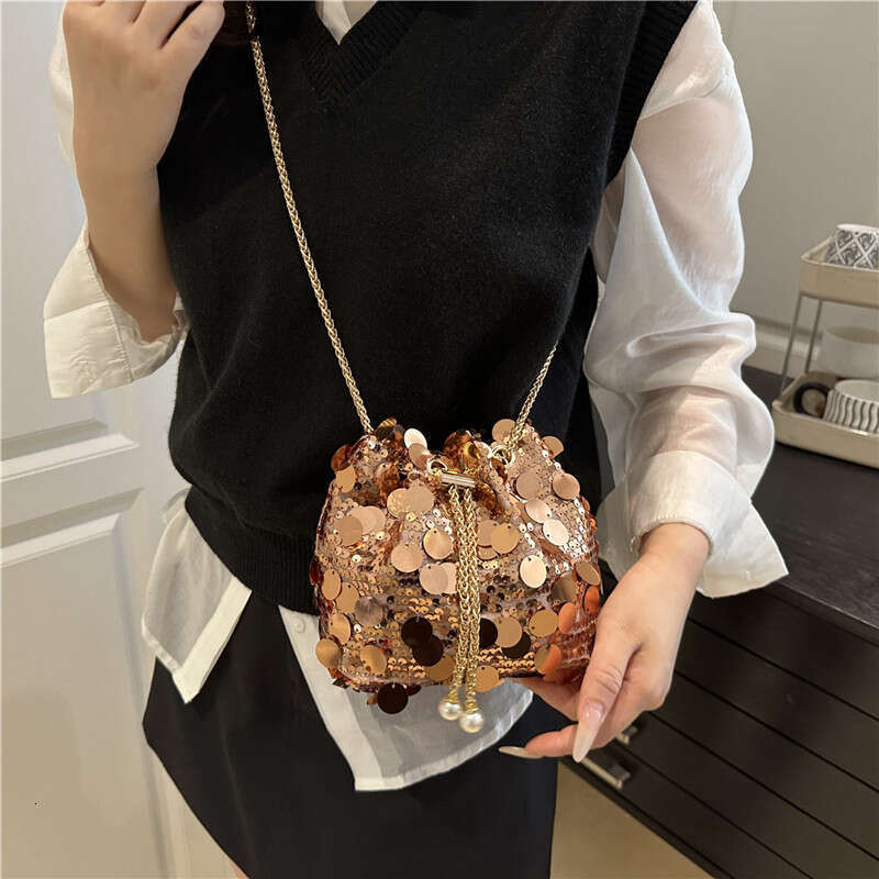 Sequin Trendy Personality Stylish Large Capacity Chain Summer Drawstring Crossbody Shoulder Evening Handbag Bucket Bag