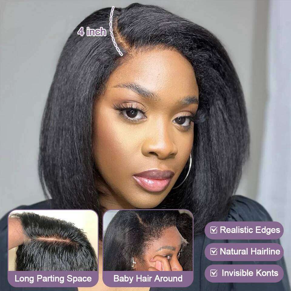 Kinky Straight Black Hman 13X6 HD Lace Frontal Edges Curly Afro Yaki Short Bob Hair Glueless Wigs 4X4 7X5 Closure VMS