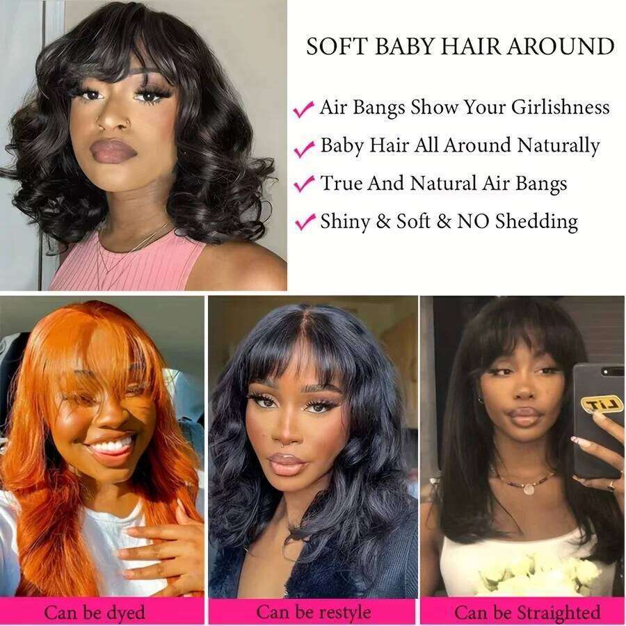 Body Wave Human Hair With Bangs Fringe Middle Part Realistic Scalp Brazilian Straight Bob Lace Wigs SHXI