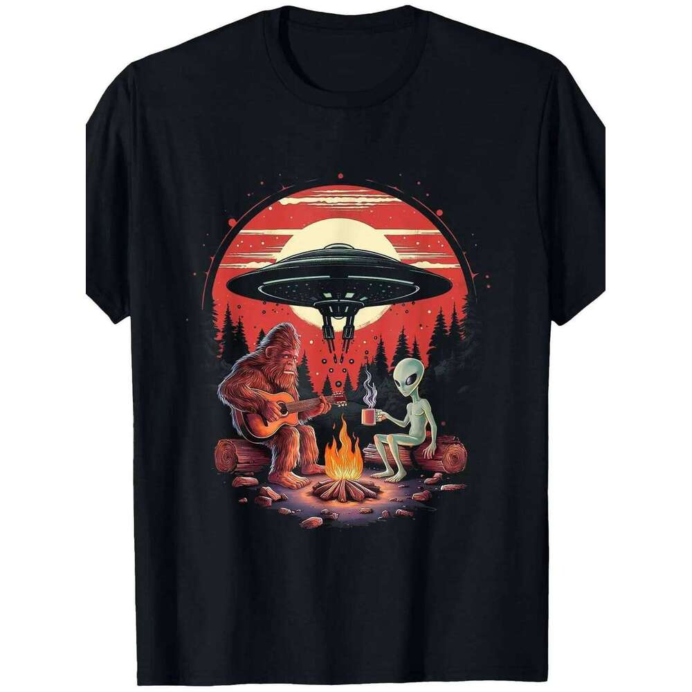 Alien Campfire Guitar Graphic Tee Funny Cryptid UFO Cotton T-Shirt Unisex Outdoor Camping X260209