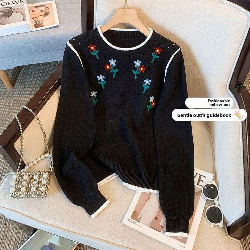 Spring, Autumn, Winter Soft And Elegant Dance-Style Heavy Embroidery Round Neck Sweater For Women, Unique Design, Hollow Out Knit Top, Trendy