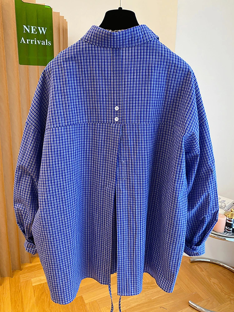 Blue Plaid Long Sleeve Loose Shirts Fashion Korean Split Bandage Blouse Women Oversized Spring Tops 2026 Casual Vintage Blouses 260207