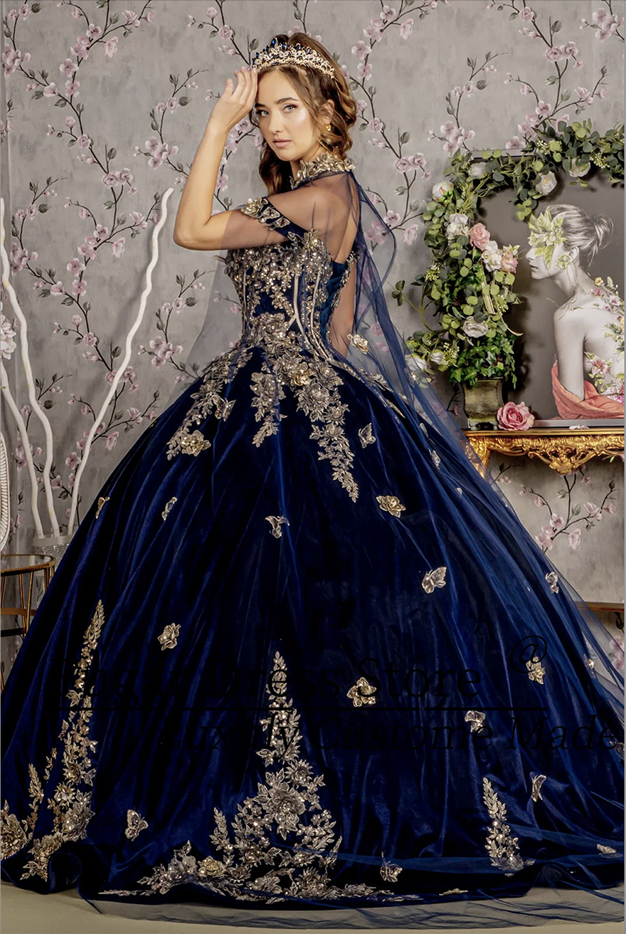Navy Blue Velvet Quinceanera Dresses Embroidered Metal Decals Off Shoulder Birthday Party Princess Ball Gown Vestidos De 15 Anos N1017