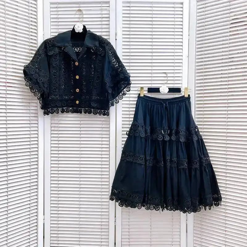 Hollow Out Dress Two Piece Set Womens Summer Holiday Embroidered Lace Jackets White Tops Pleated Short Skirts Suits 260208