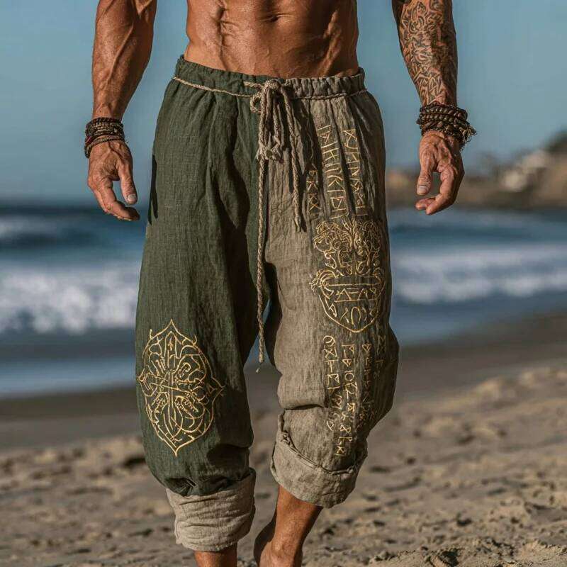 NEW Men's Viking Retro North European Eagle Totem 3D Printed Casual Drawstring Straight Leg Summer Beach Pants