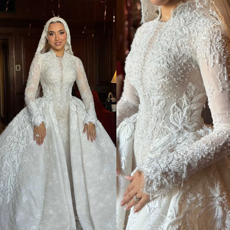 Custom Embroidered and Printed Muslim Wedding Gown Lace Trim Embroidery A Line Skirt Bridal Dress Islamic Bride Church Wedding