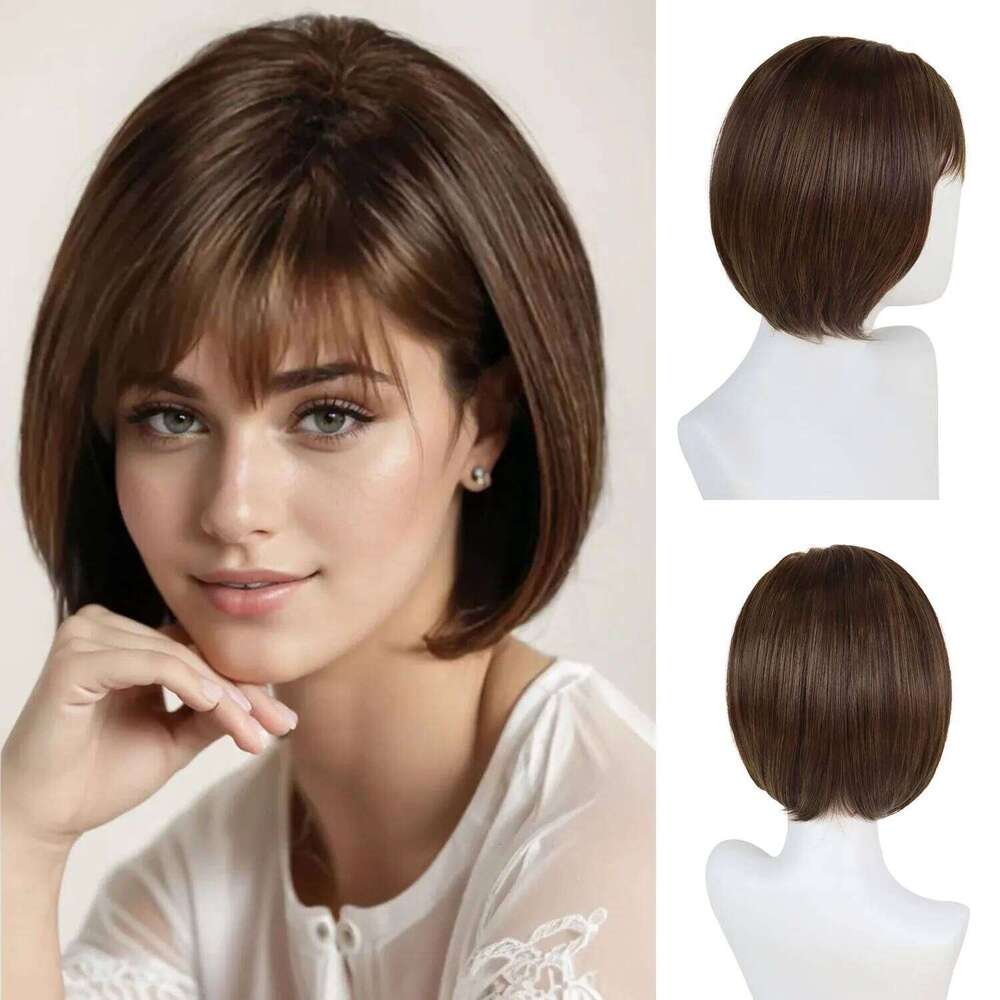Brown Women Synthetic Short Bob Wig With Bangs Natural Straight Hairstyles Hair Replacement Wigs For Daily Mother Gifts SHXI