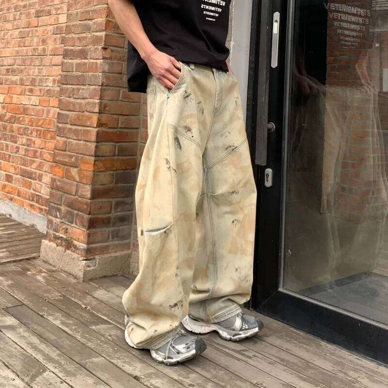 2026 Spring American Style Men's Curved-knife Jeans Pleated Design Casual Contrast Color Splash-ink Wide Leg Male Denim Pants