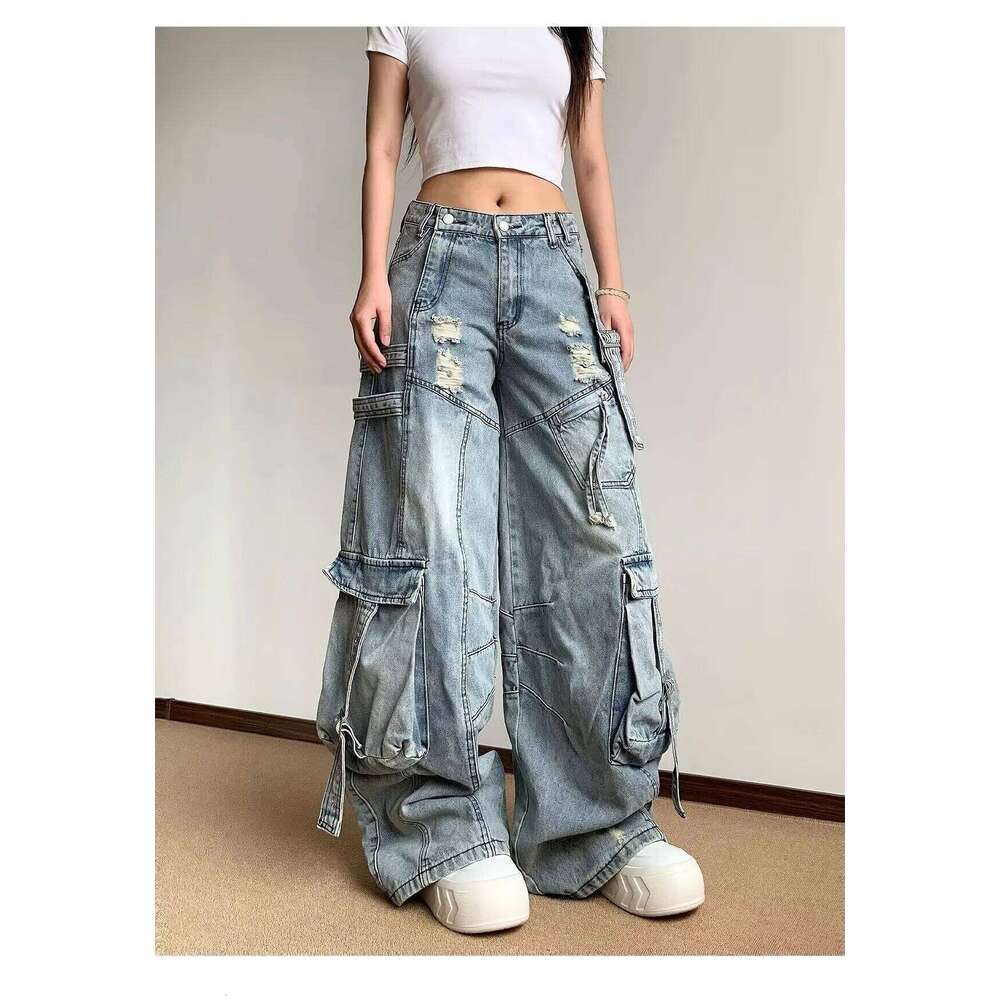 Fashion Women's Multiple Pockets Jeans Denim Cargo Wide Leg Pants Streetwear Vintage Harajuku 90s Y2k Oversize Trouser