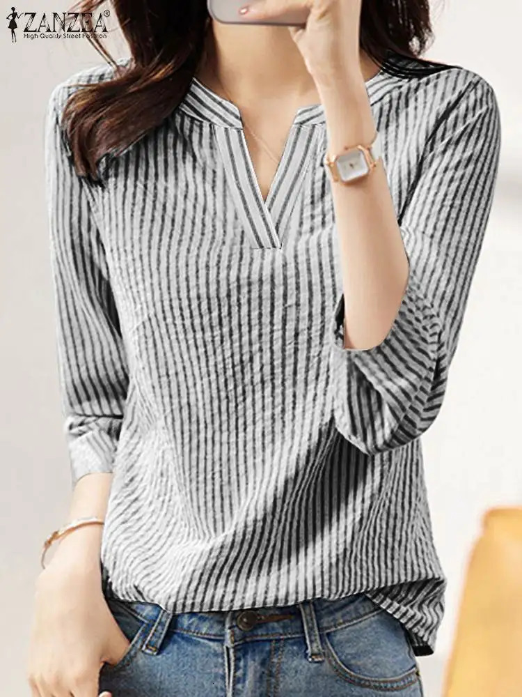 ZANZEA Women Elegant Summer Striped Shirt Autumn V Neck 34 Sleeve Blouse Fashion Casual OL Work Tops Female Party Blusas Mujer 260207