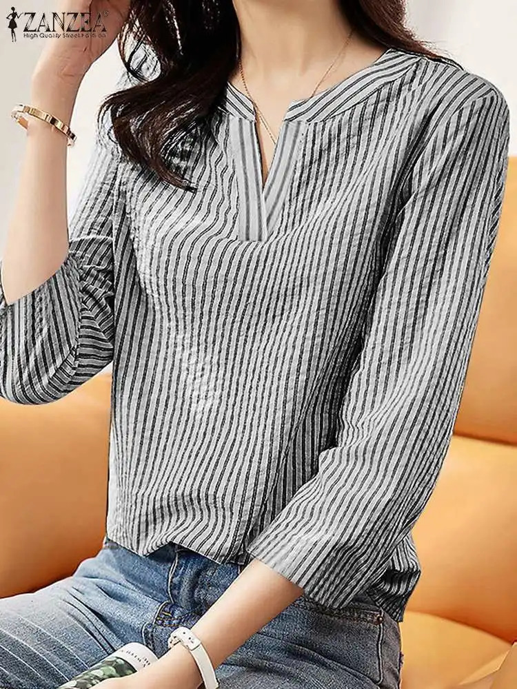 ZANZEA Women Elegant Summer Striped Shirt Autumn V Neck 34 Sleeve Blouse Fashion Casual OL Work Tops Female Party Blusas Mujer 260207