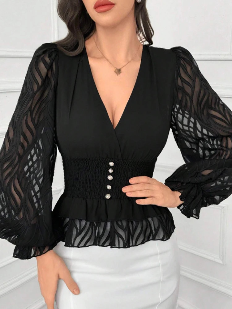Womens Elegant and Fashionable V Neck Lantern Sleeve Waist Shirt 250203