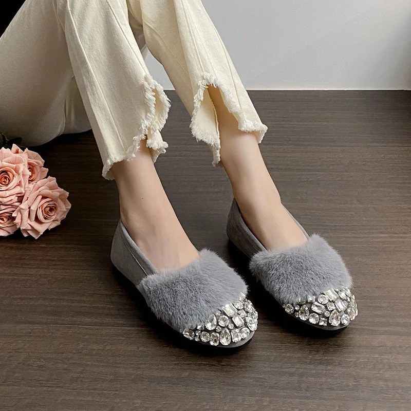 Glitter Rhinestone Ladies Plush Flat Shoes Female Cozy Crystal Decorate Loafers Winter Warm Walking Driving Shoes Casual 260124