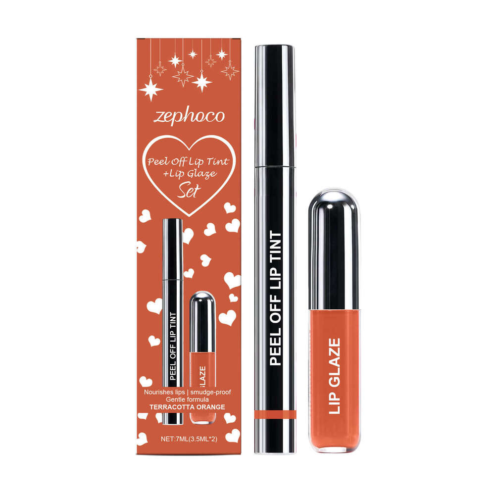 Zephoco Clay Orange Peel-off Liner and Gloss Set Daily Lip Makeup Natural Easy to Apply Brightening