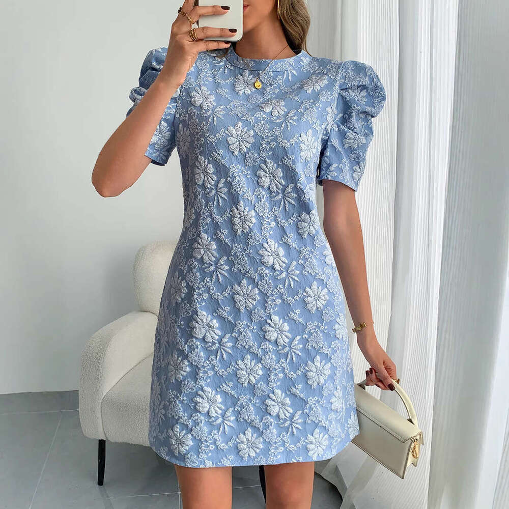 New Women's Ruffle Sleeve Texture Jacquard Collar color lace-up leaf Retro Style Dress Summer daisy relief dress slim fit skirt short sleeved wom