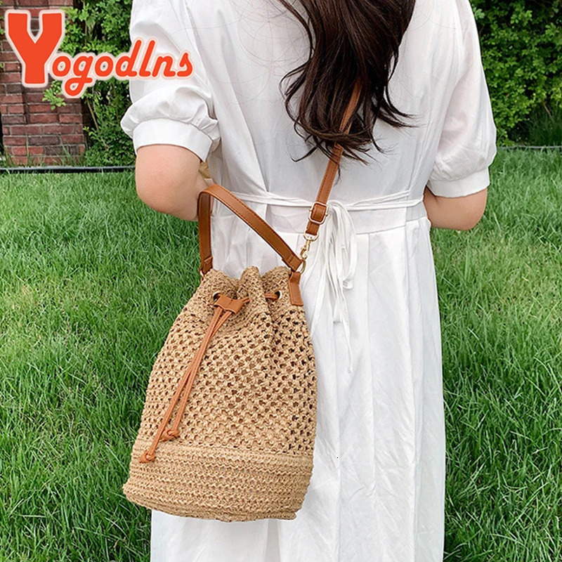 Summer Braided Straw Bucket Bag For Women Simple Drawstring Shoulder Crossbody Bag Travel Beach Bag Casual Wove Handbag 260205