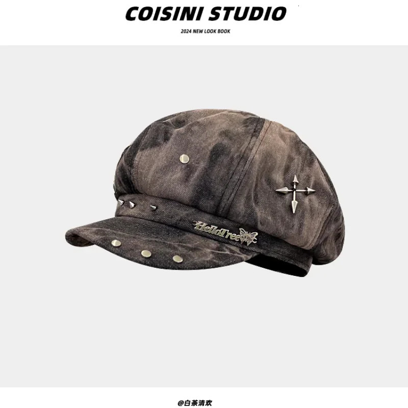 Y2K Personalized Star Sticker Rivet Berets Caps for Women Spring and Autumn Fashion Versatile Retro Tie-dye sboy Hats 260205