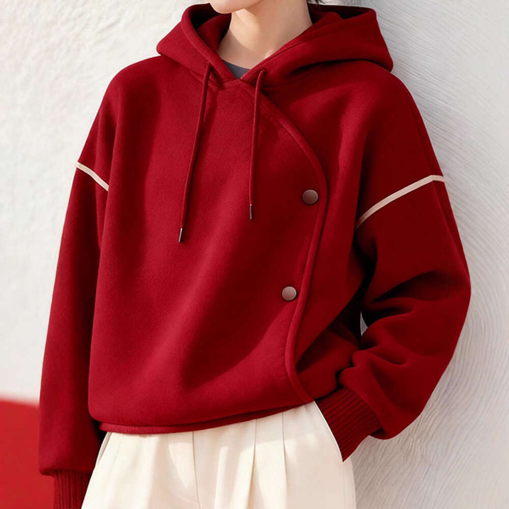New Autumn And Winter Loose Lazy Style Christmas Red Hooded Irregular Thickened Fleece Sweatshirt Jacket For Women