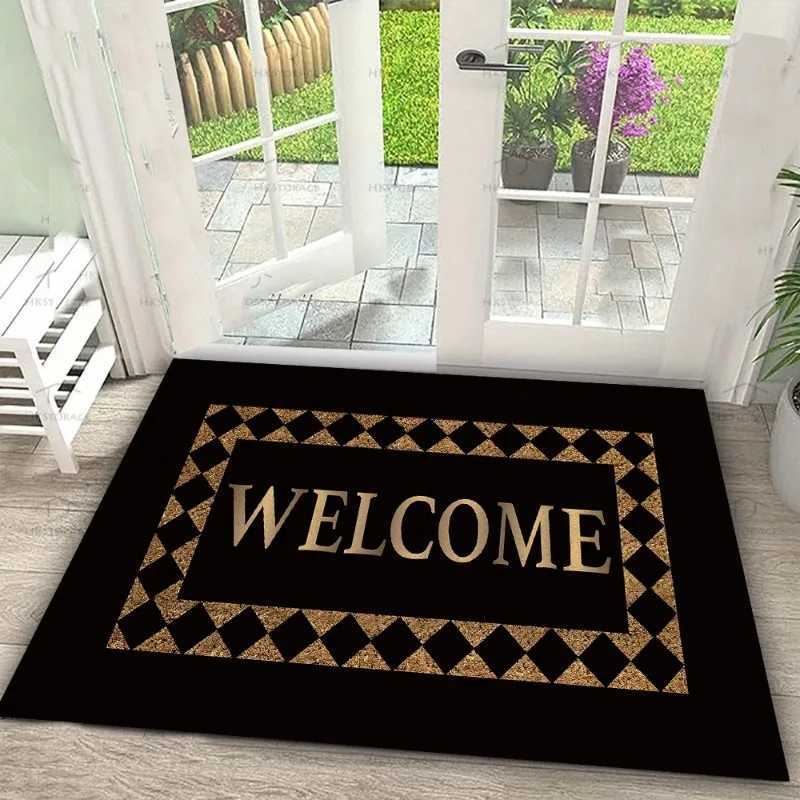 Black Welcome Doormat with Gold Lettering - Elegant Geometric Border Non-Slip Entrance Mat for Front Door Home Decoration Rug S260207