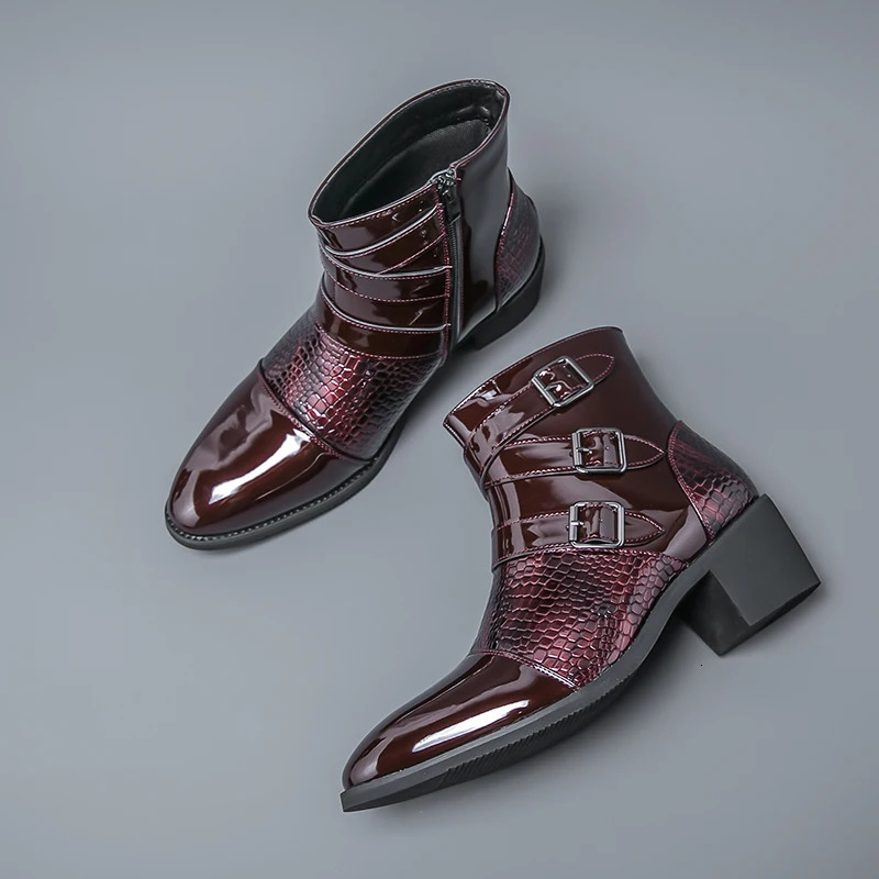 Mens Pointed Patchwork Patent Leather Casual Ankle Boot Male Winter High Tops Monk Strap Shoes Zapatos Hombre 260208