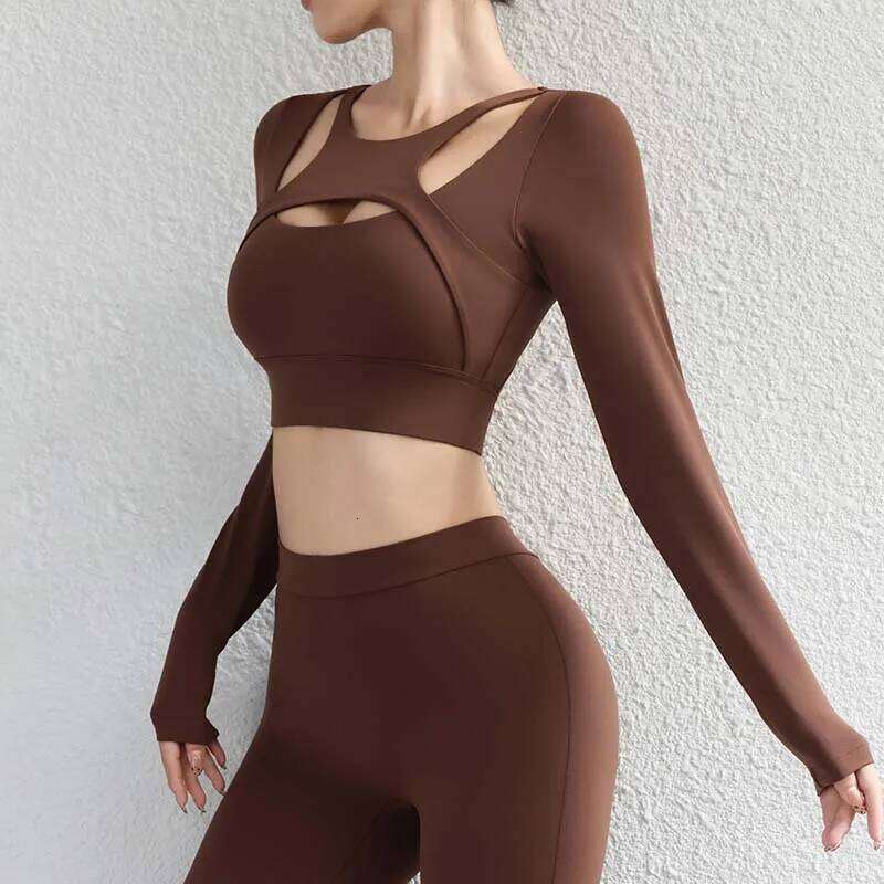 SOISOU Hollow Slim Fit Yoga Crop Top Women's Pilates Pullover Shockproof Sports Long Sleeve High Elastic Fitness T Shirt 26Y0209
