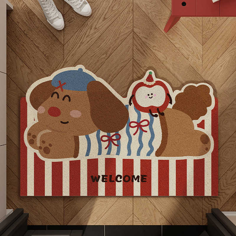Cartoon Puppy Entryway Doormat Silk Loop Door Mat Household Non-Slip Dirt-Resistant Cuttable Entrance Carpet S260207