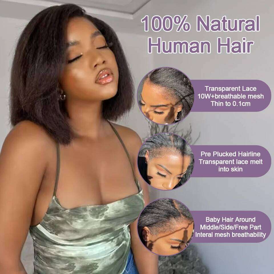 Kinky Straight Black Hman 13X6 HD Lace Frontal Edges Curly Afro Yaki Short Bob Hair Glueless Wigs 4X4 7X5 Closure VMS