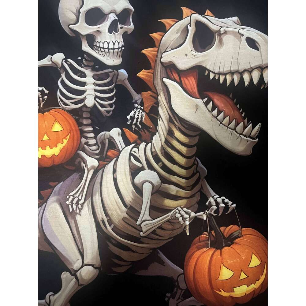 Skeleton Riding Dinosaur Halloween Graphic Tee Men Casual Crew Neck Cotton T-Shirt Trip Apparel X260209