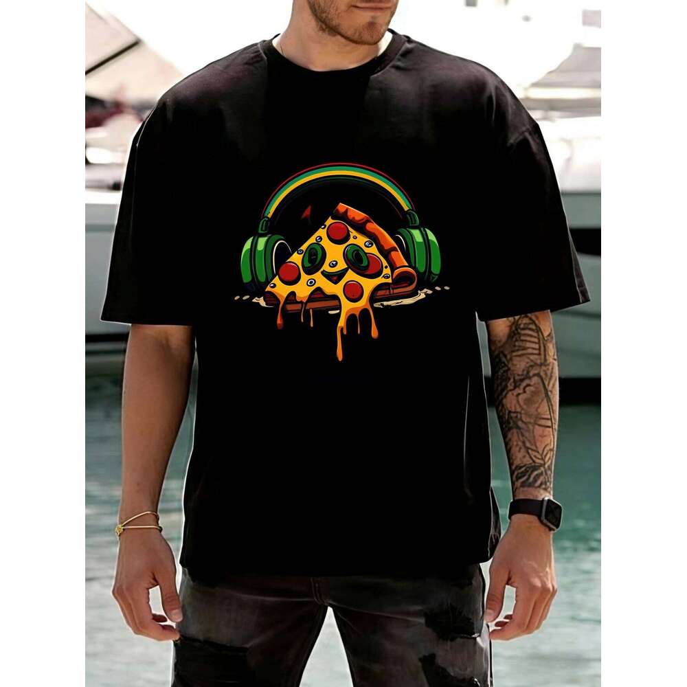 Men's Streetwear Oversized Graphic Funny Pizza Headphones Printed Cotton Summer Casual Tshirt for Men Gift X260209