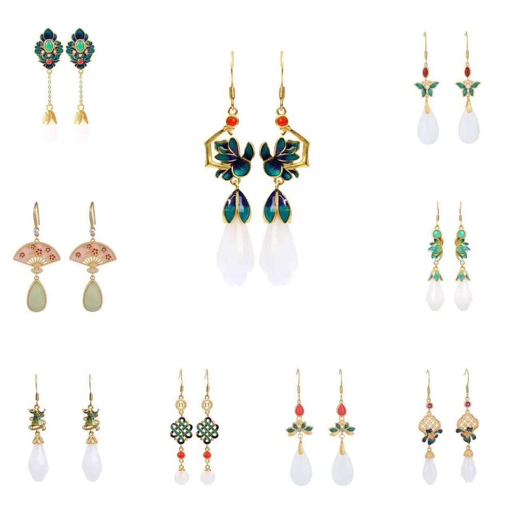 Earrings Traditional Chinese Enamel with Retro Flower Shaped Jade Pendant Gold Plated for Cultural Festival and Wedding Jewellery Gift High Quality Te