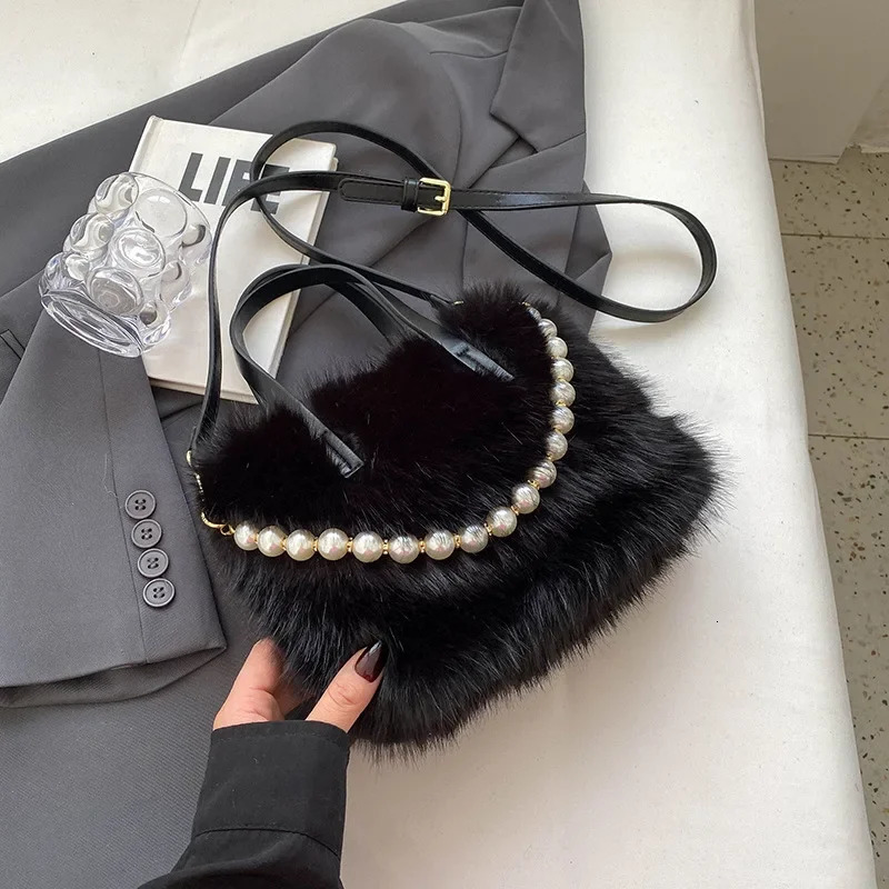 Winter Fashion Faux Fur Crossbody Bags for Womens Gift Pearl Chain Decor Shoulder Bag Ladies Handbags Tophandel 260208