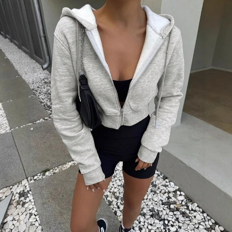 Womens Long Sleeve Hooded Zipper Cardigan Cropped Sweatshirt Casual Versatile Apparel European and American Hoodies Women 260126
