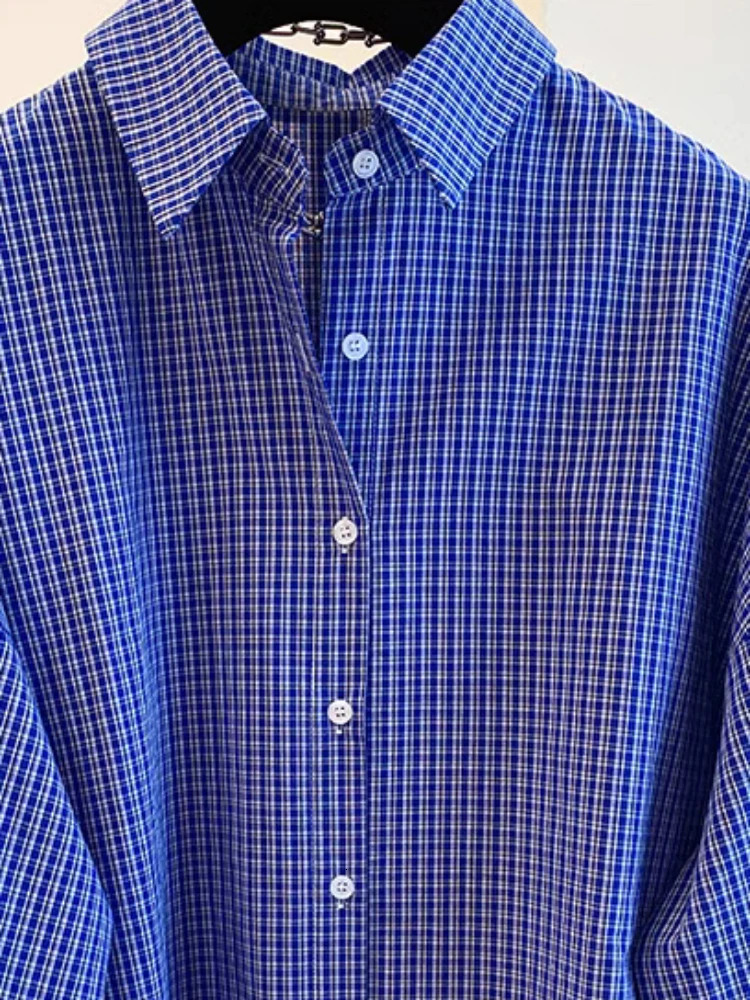Blue Plaid Long Sleeve Loose Shirts Fashion Korean Split Bandage Blouse Women Oversized Spring Tops 2026 Casual Vintage Blouses 260207