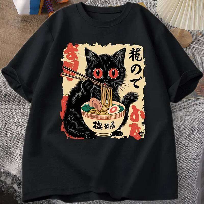 Vintage Japanese Black T Shirts Cute Graphic Funny Cat Eating Ramen Printing Harajuku Short Sleeve Casual X260209