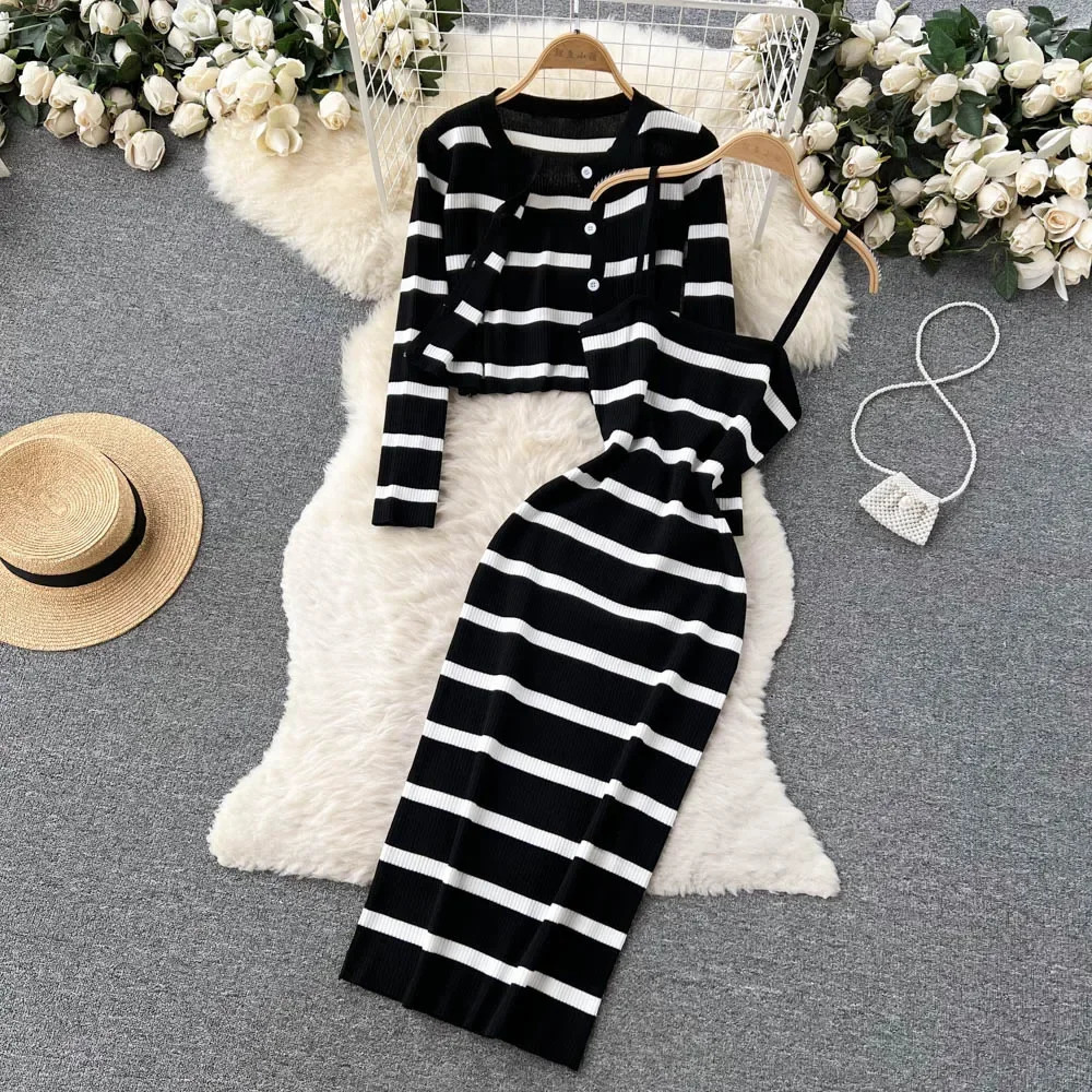 Korean Sweet Hit Color Patchwork Striped Spaghetti Strap Dress and V Neck Long Sleeve Cardigans 2 Pieces Sets 260208
