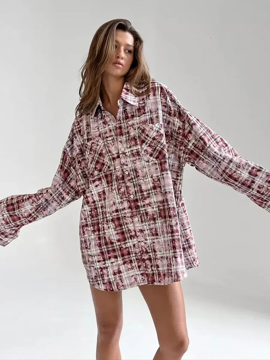 Wolfeel Spring Autumn Personalized Street Retro Vintage Plaid Shirt Womens Loose Outer Long Sleeved Women Loose Shirt 260207