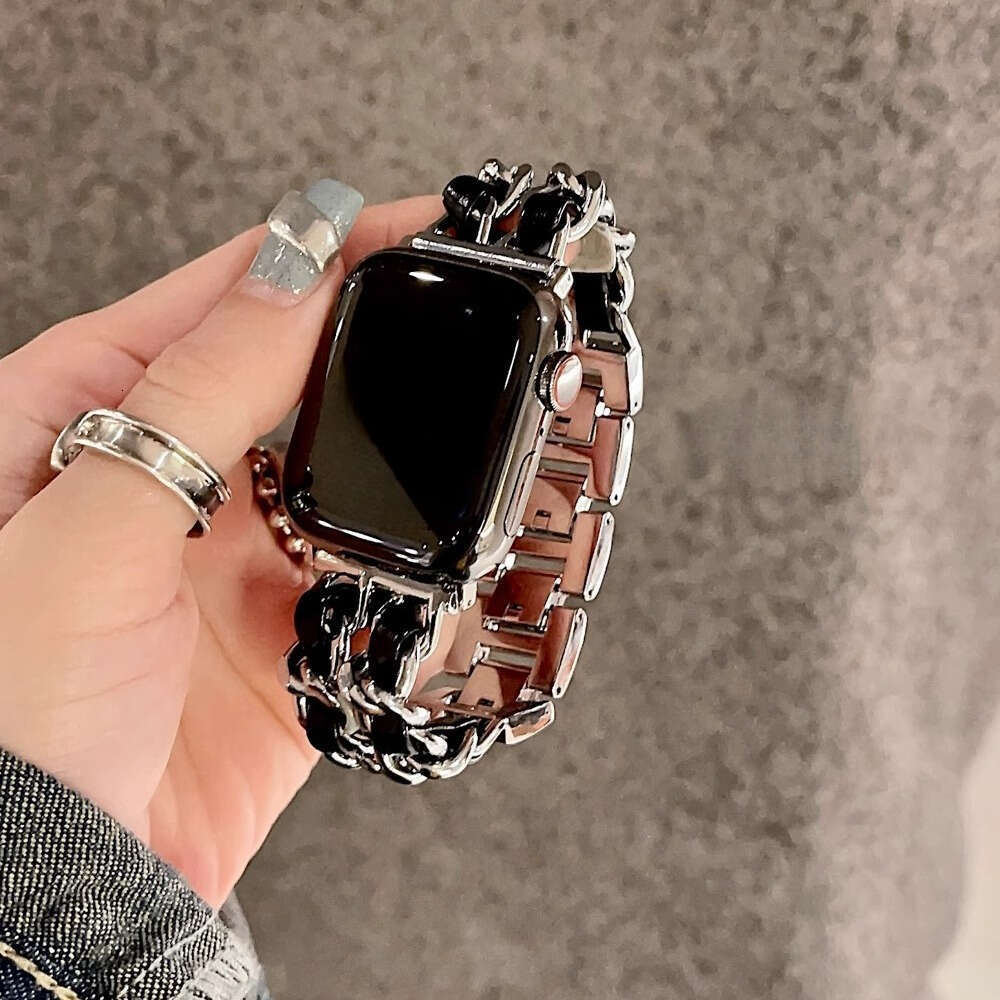 Chunky Double Row Metal Chain Band Bold Fashion Black Sliver Strap for Apple Watch Series 4-10 Ultra SE
