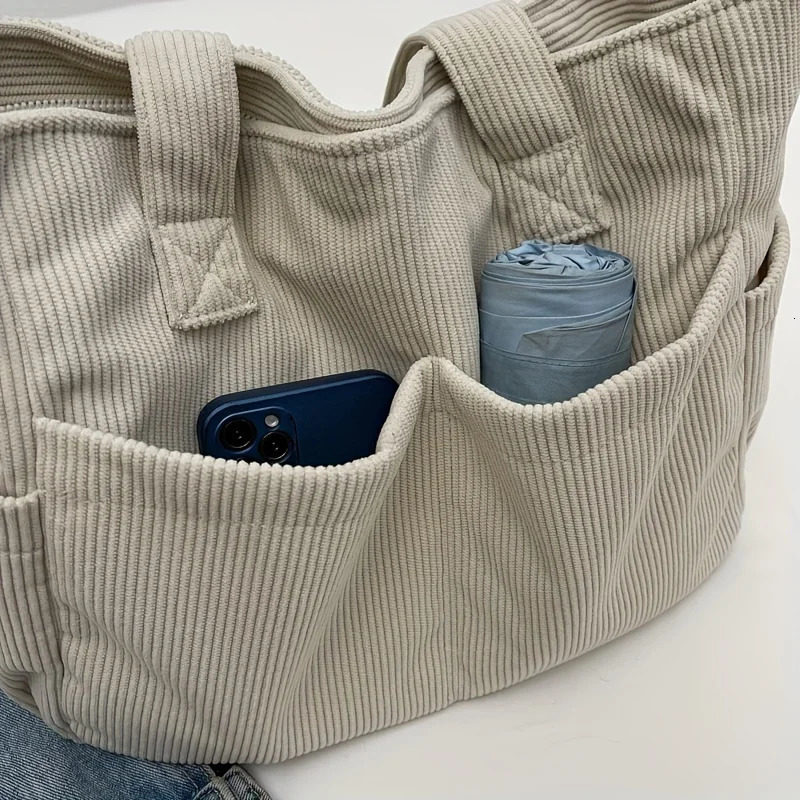 Womens Casual Corduroy Tote Bag Striped Shoulder Bag with Fixed Straps Zipper Large Capacity Handbag for Daily Outings and Shop260128