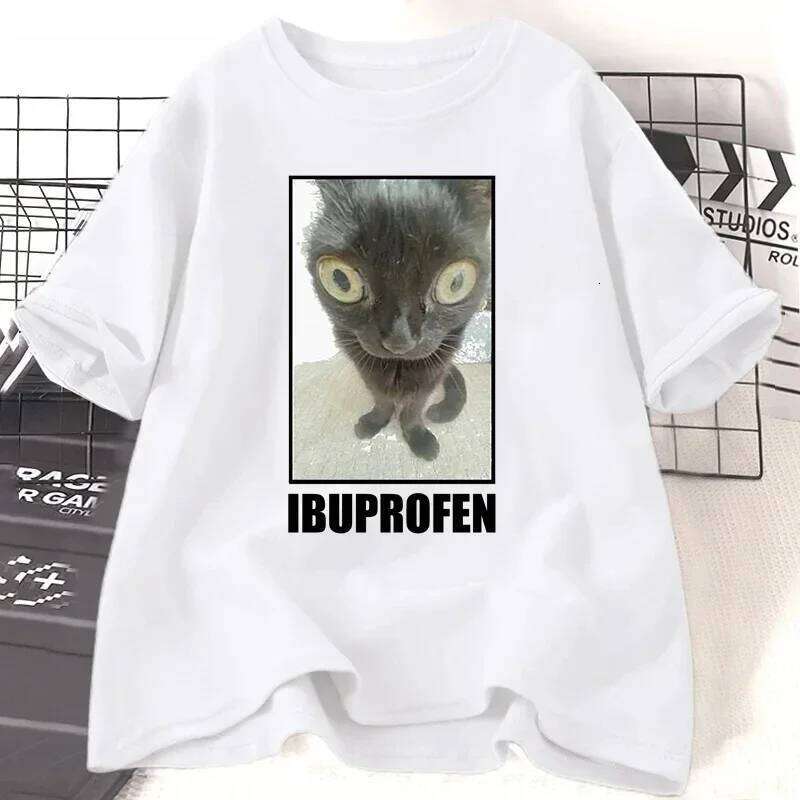 Fun Cat Ibuprofen Pattern Men's Women's T-Shirt Creative Short Sleeve Fashion Casual Loose Street Style Top Streetwear X260209